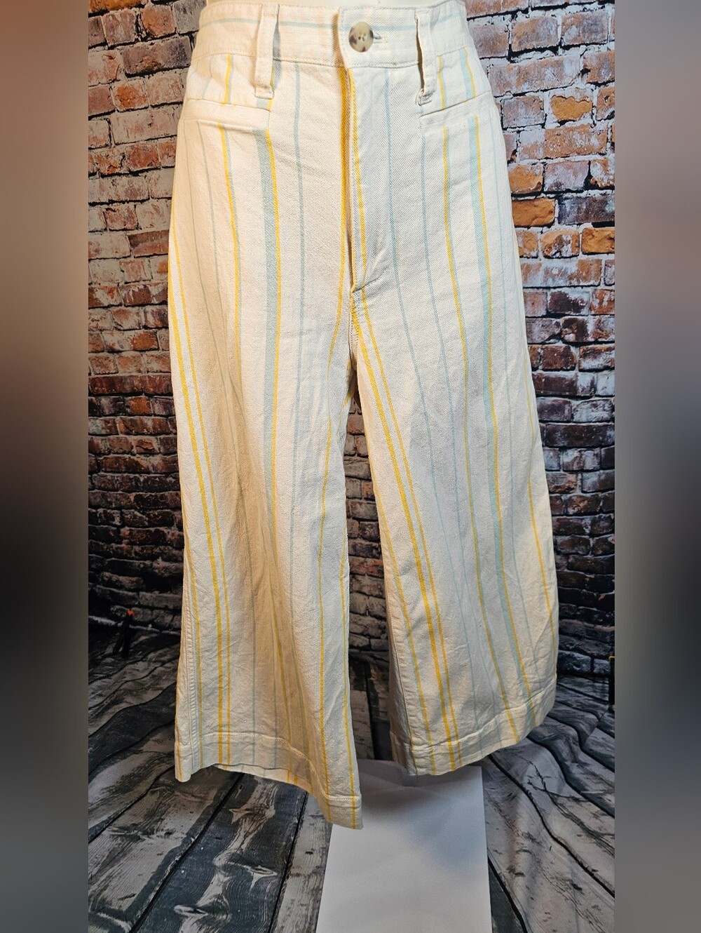 Madewell High Rise Wide Leg Crop Pants 28P Yellow Blue Stripe Culotte Cropped